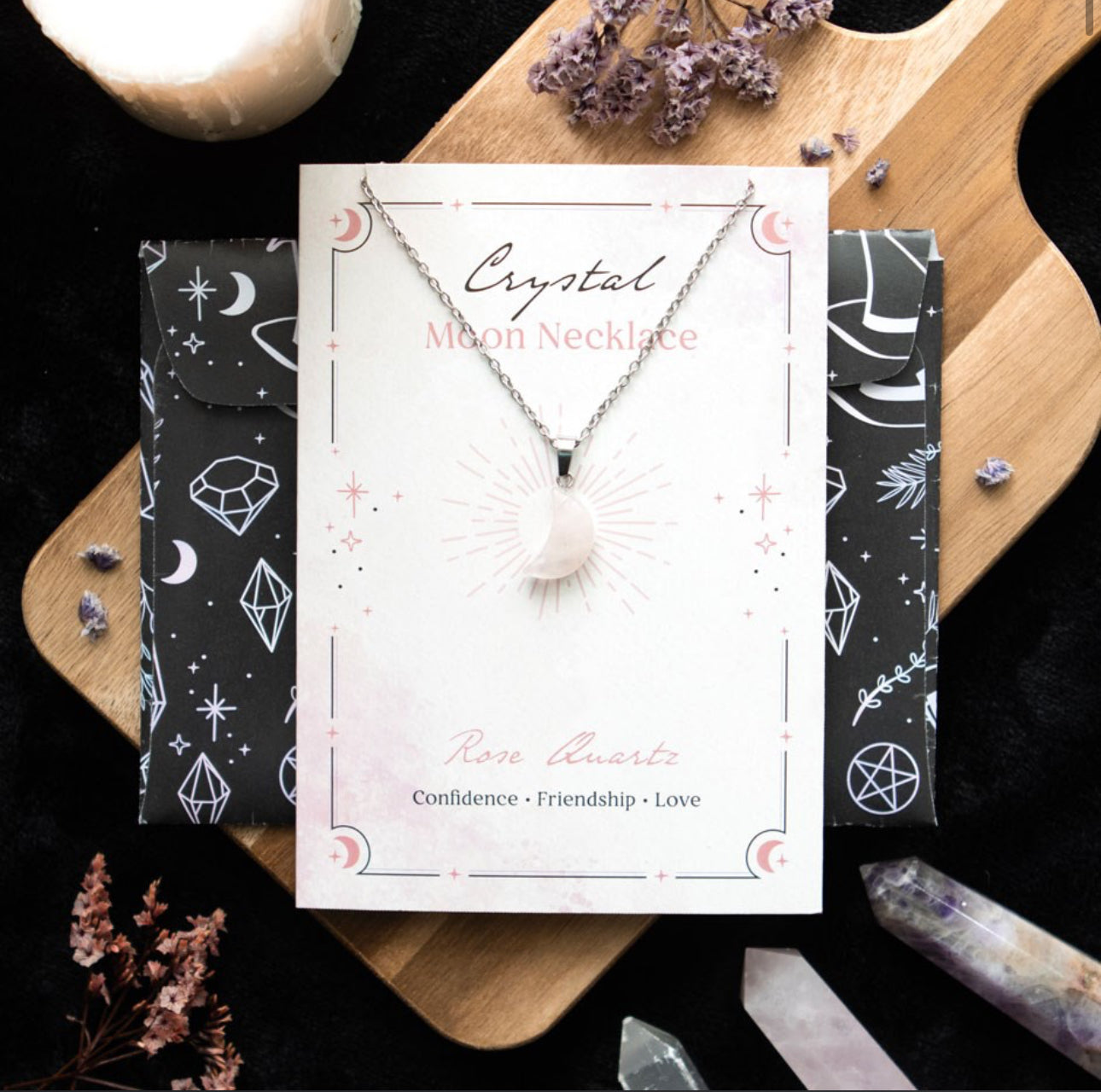 Rose Quartz Crystal Moon Necklace on Greeting Card - Wicked Witcheries