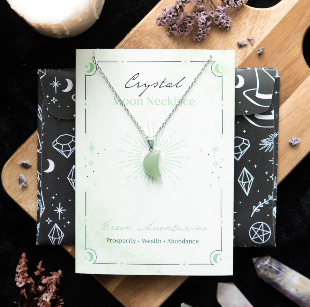 Green Aventurine Crystal Moon Necklace on Greeting Card - Wicked Witcheries