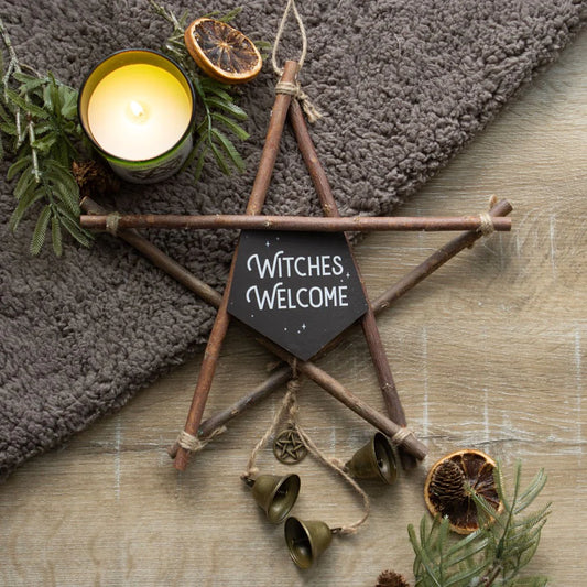 30cm Witches Welcome Willow Pentagram Sign with Bells - Wicked Witcheries