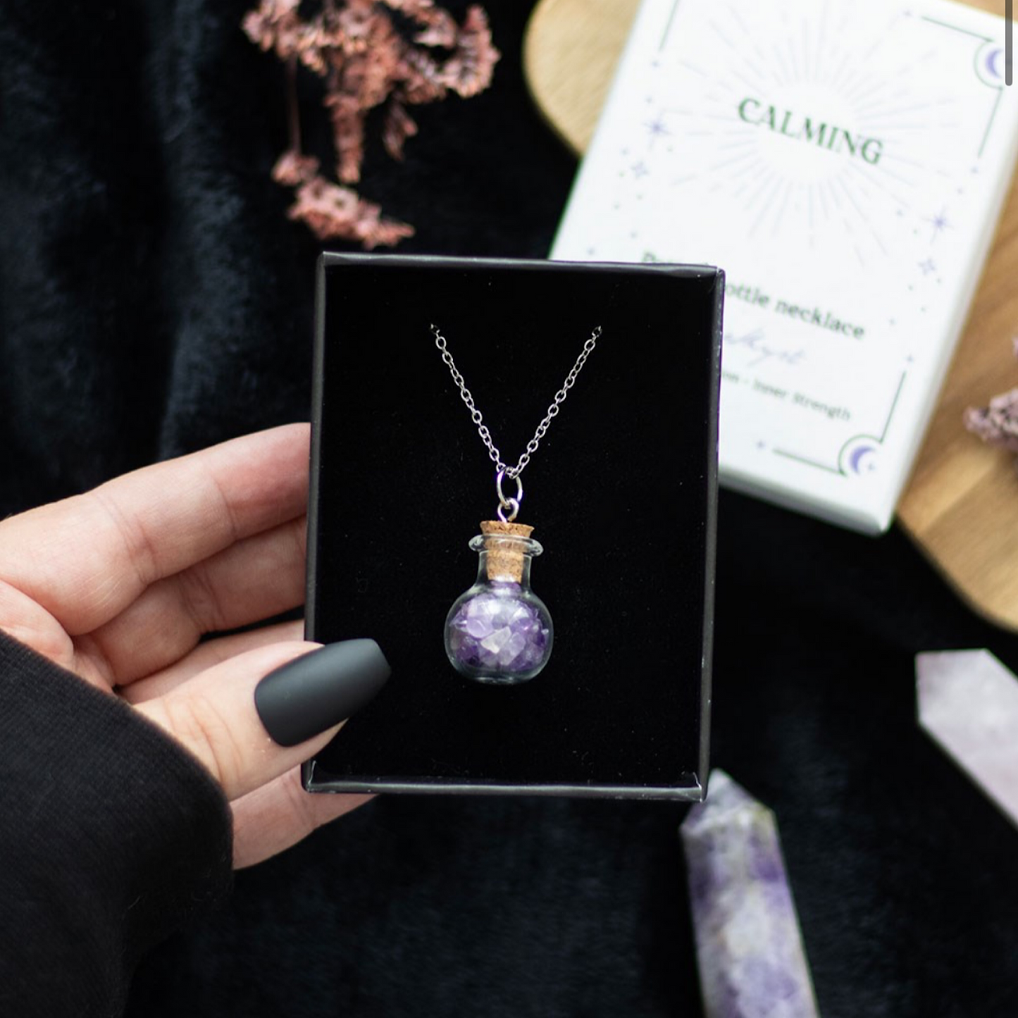 Calming Amethyst Crystal Chip Potion Bottle Necklace - Wicked Witcheries