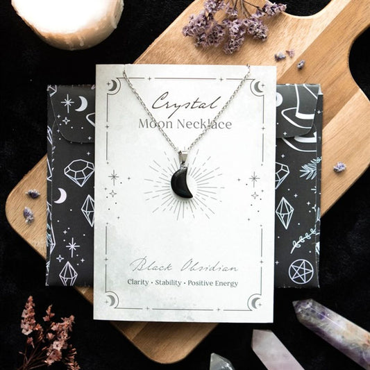 Black Obsidian Crystal Moon Necklace on Greeting Card - Wicked Witcheries